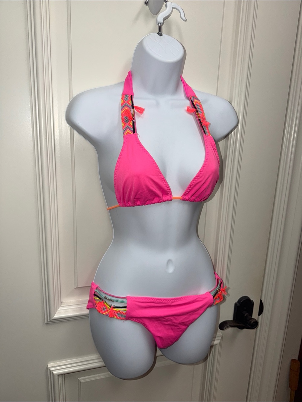 victorias secret neon pink bikini crochet beaded halter hipster tassel low rise